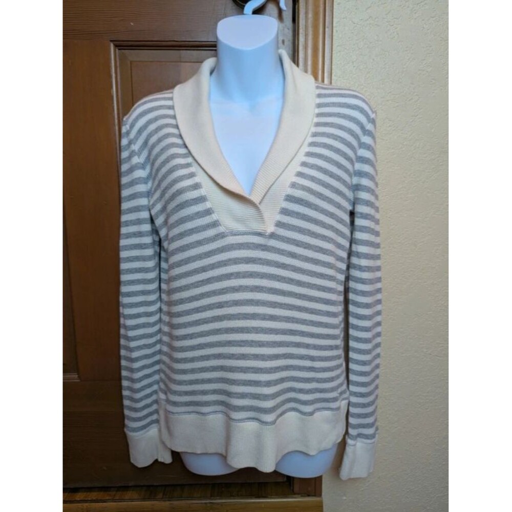American Eagle Gray White Striped Shawl Collar V Neck Sweater Sz. XL